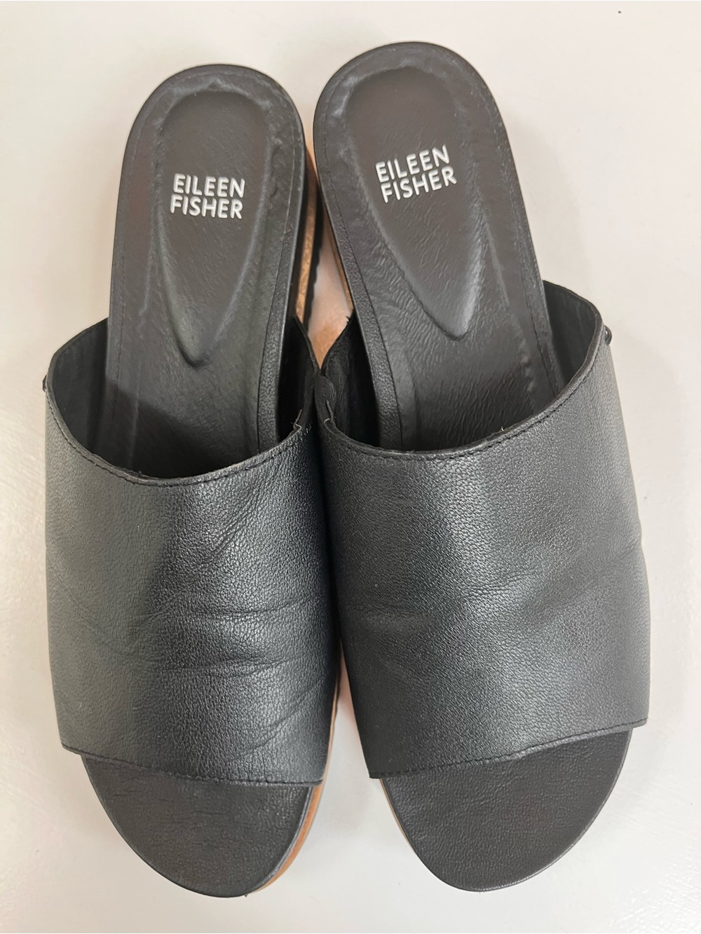 Eileen Fisher Black Leather Open-Toe Slip-On Mules